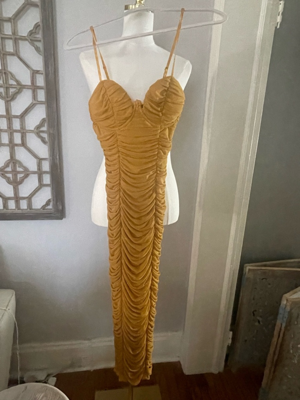 Fashion Nova Mustard Ruched Spaghetti-Strap Maxi Dress
